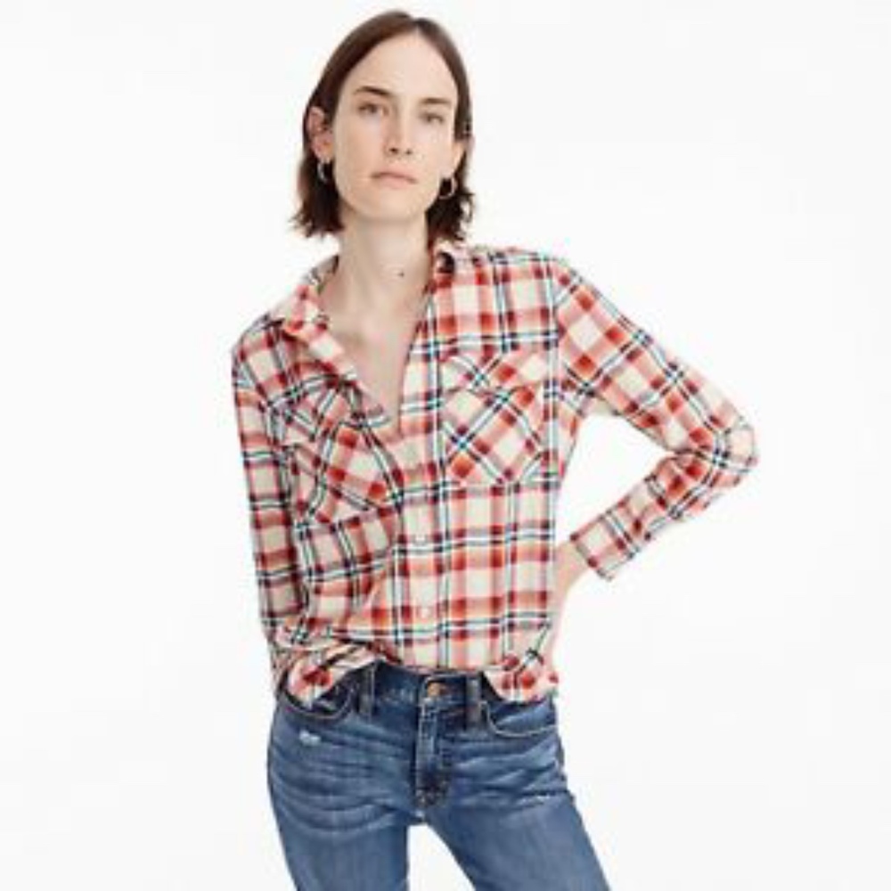 NEW J.Crew Boyfriend Shirt Coral Plaid Blouse